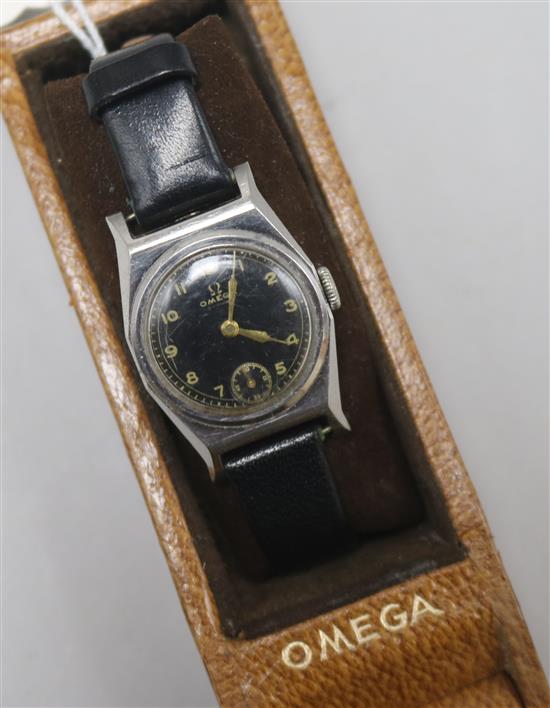 A ladys? mid 20th century stainless steel Omega manual wind wrist watch, with black dial,